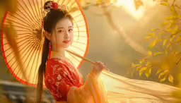 a beautiful asian woman with an umbrella under the sun,a young japanese lady in a kimono and a parasol