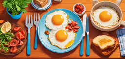 plates of food are shown on an orange table,fried eggs are topped with tomato slices, a fork and knife