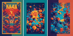 four different colored images with an artistic type,three poster paintings that say kaah and 4 / 4