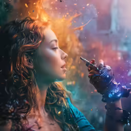 a young woman is holding her cell phone in front of a fire