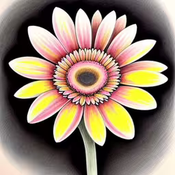 a very pretty pink and yellow flower with water droplets,an orange flower with purple centers against a black background,a drawing of a flower in pastel pencils,this is a flower, painted by artist julia c morgan,a picture of a yellow flower with red center