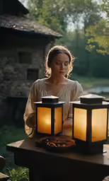 woman looking down on lite lanterns on outdoor table