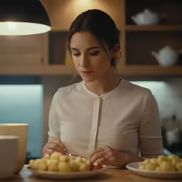 a woman in a white blouse eating food with a bowl on the table next to her