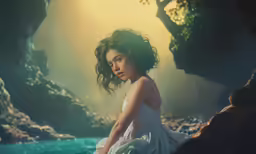 the girl sitting in the water has long hair
