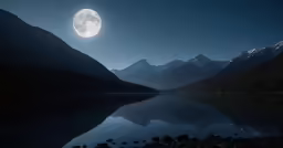 a moon sits above mountains and a body of water