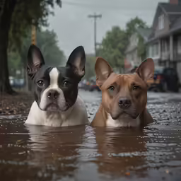 two dogs playing in a flooded street