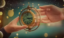 a person holding an open gold clock in their hands