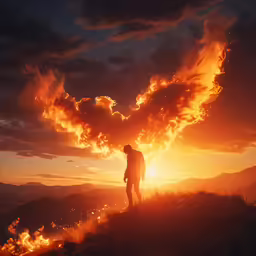 there is a man standing on top of a hill, watching the sun set