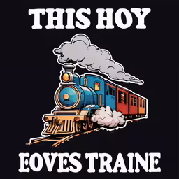 a train that is on the tracks with smoke coming out of it,a train is coming down the tracks with the words train, this boy loves train