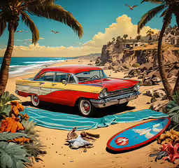 a painting of an old red and yellow car,a painting of a car, surfboard and people at the beach
