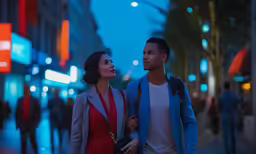 a man and woman are standing in the middle of a city street