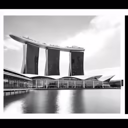 a very tall structure near some water with buildings in the background