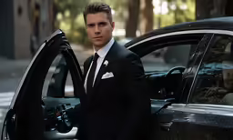 a man wearing a suit and tie in front of a car