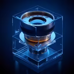 a clear, box with a camera lens attached