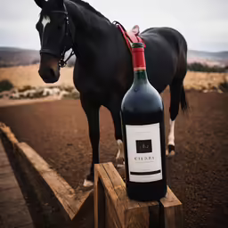horse looking over fence with wine bottle