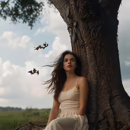 a woman leaning against a tree in a dress