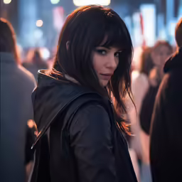a woman in leather clothes standing in front of people