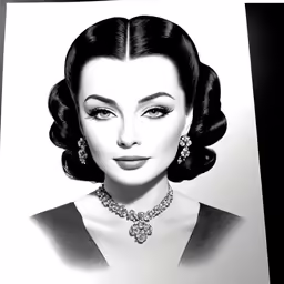 a woman wearing pearls and earrings in black and white