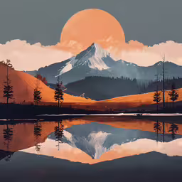 the sunset over a mountain range with lake and forest,a mountain and a lake at sunrise with an orange sky