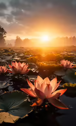 several pink flowers in the middle of a large pond