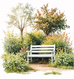 a white bench in the middle of a garden