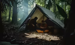 two men working in the forest, sitting on their beds in a tent