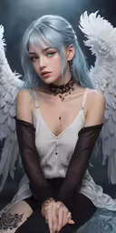 woman with blue hair, wings and black outfit