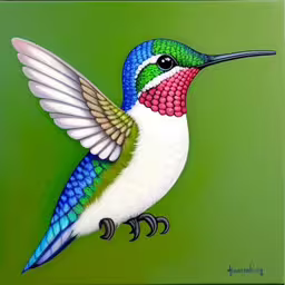 this is a colorful picture of a humming bird,a colorful bird painted on a green wall