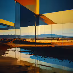 a building with different sections reflecting in water,a large rectangular building with windows reflecting it in the water