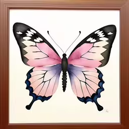 a framed picture of a pink butterfly with a black outline,a drawing of a pink and black butterfly,a pink and black butterfly is in a wooden frame,a framed picture of a pink and black butterfly,a painting of a pink and black butterfly with pink accents