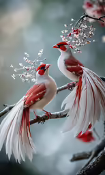 two white and red birds perched on branches
