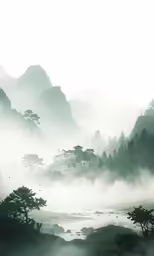 the misty scenery is shown on a hazy day