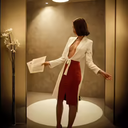 a woman wearing a red skirt and jacket stands in the doorway