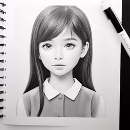 the girl has long hair and is next to a pen