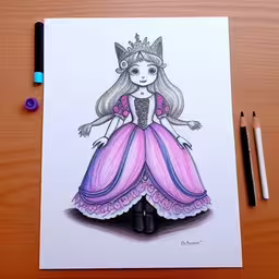 there is a picture of a princess in a dress on a table,a drawing of a little princess sitting on a table