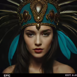 a woman with a green headdress has large feathers on her head