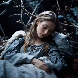 a woman is sitting in a forest with branches