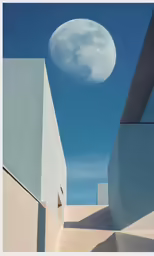 a full moon is pictured in the sky over a stair case