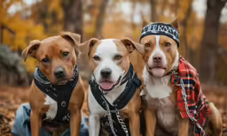 three dogs are standing together wearing harnesses