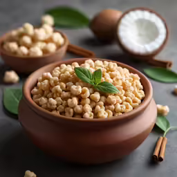 a few brown bowls with some food in them
