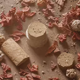 some pieces of art and pink petals on a table