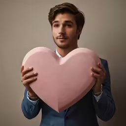 man in suit holding up a pink heart pillow