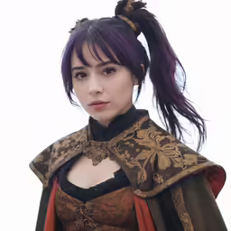 a woman with dark hair wearing a coat and a red cape