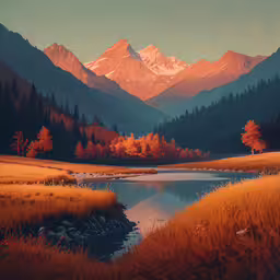 a field that has trees and mountains in the background,an orange painting of the mountains is pictured