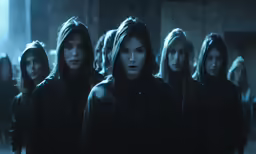 four women with long hair and black leather jacket standing together