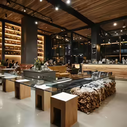 a long table with a glass top sits in front of wooden furniture
