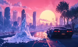 a car on a city street near the sun