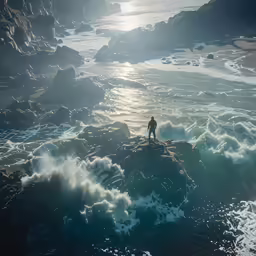 two men are standing on the shore, one of them is looking at the waves
