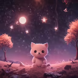 a cat sitting on the ground at night