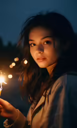 a beautiful woman holding a lit candle and looking at the camera